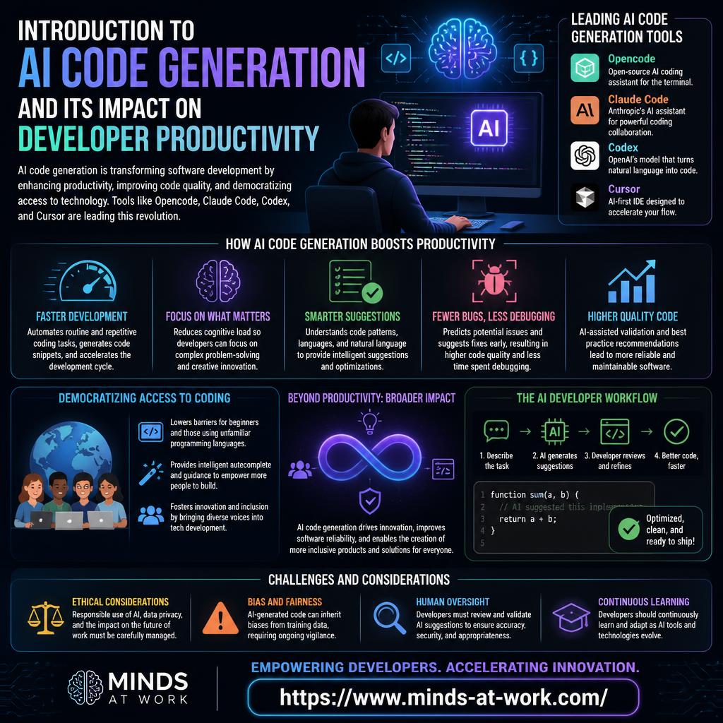 Introduction to AI code generation and its impact on developer productivity — an editorial infographic naming Opencode, Claude Code, Codex, and Cursor as the leading AI code generation tools, with productivity drivers (faster development, smarter suggestions, fewer bugs, higher quality code), democratization, workflow stages, and challenges (ethics, bias, human oversight, continuous learning).