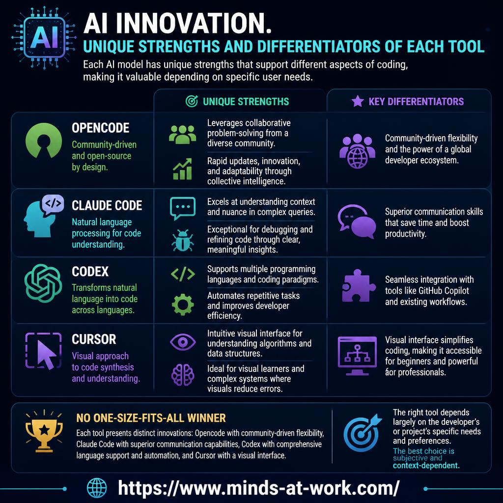 AI innovation — unique strengths and differentiators of each tool — an editorial infographic naming Opencode, Claude Code, Codex, and Cursor and summarizing each tool's claimed strength, closing with the message that the choice of the right tool is subjective and context-dependent.