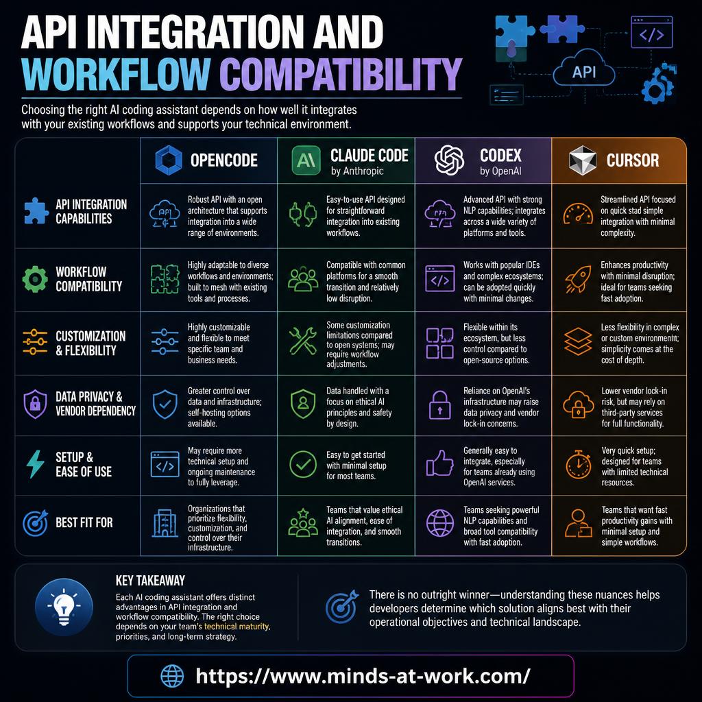 API integration and workflow compatibility — an editorial comparison table placing Opencode, Claude Code, Codex, and Cursor side by side across six rows (API integration capabilities, workflow compatibility, customization and flexibility, data privacy and vendor dependency, setup and ease of use, best fit for), with a key takeaway footer noting there is no outright winner and the right choice depends on the team's technical maturity, priorities, and long-term strategy.