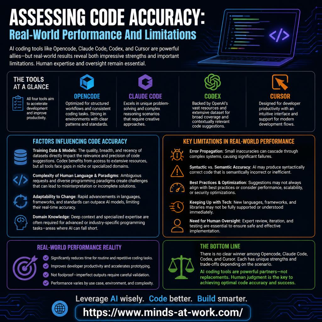 Assessing code accuracy — real-world performance and limitations — an editorial infographic comparing Opencode, Claude Code, Codex, and Cursor on accuracy of generated code, where each tool shines, honest limitations including hallucinated APIs and error propagation, and the role of human oversight in catching semantic and security mistakes the models miss.