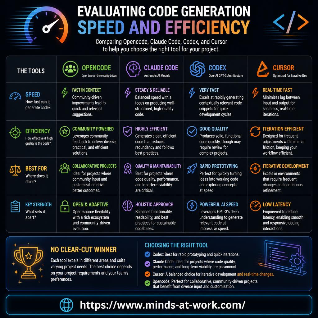 Evaluating code generation speed and efficiency — an editorial comparison table placing Opencode, Claude Code, Codex, and Cursor side by side across speed, efficiency, best-fit audience, and key strength, closing with the message that there is no clear-cut winner and the right tool depends on project requirements and team preferences.