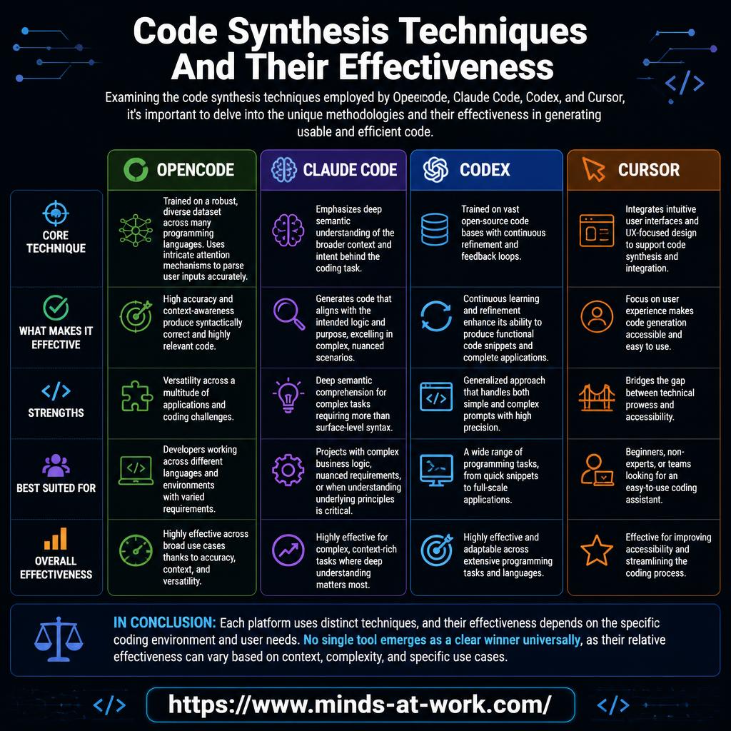 Code synthesis techniques and their effectiveness — an editorial comparison table placing Opencode, Claude Code, Codex, and Cursor side by side across core technique, what makes each effective, strengths, best-suited audience, and overall effectiveness, closing with the message that no single tool emerges as a clear winner universally.