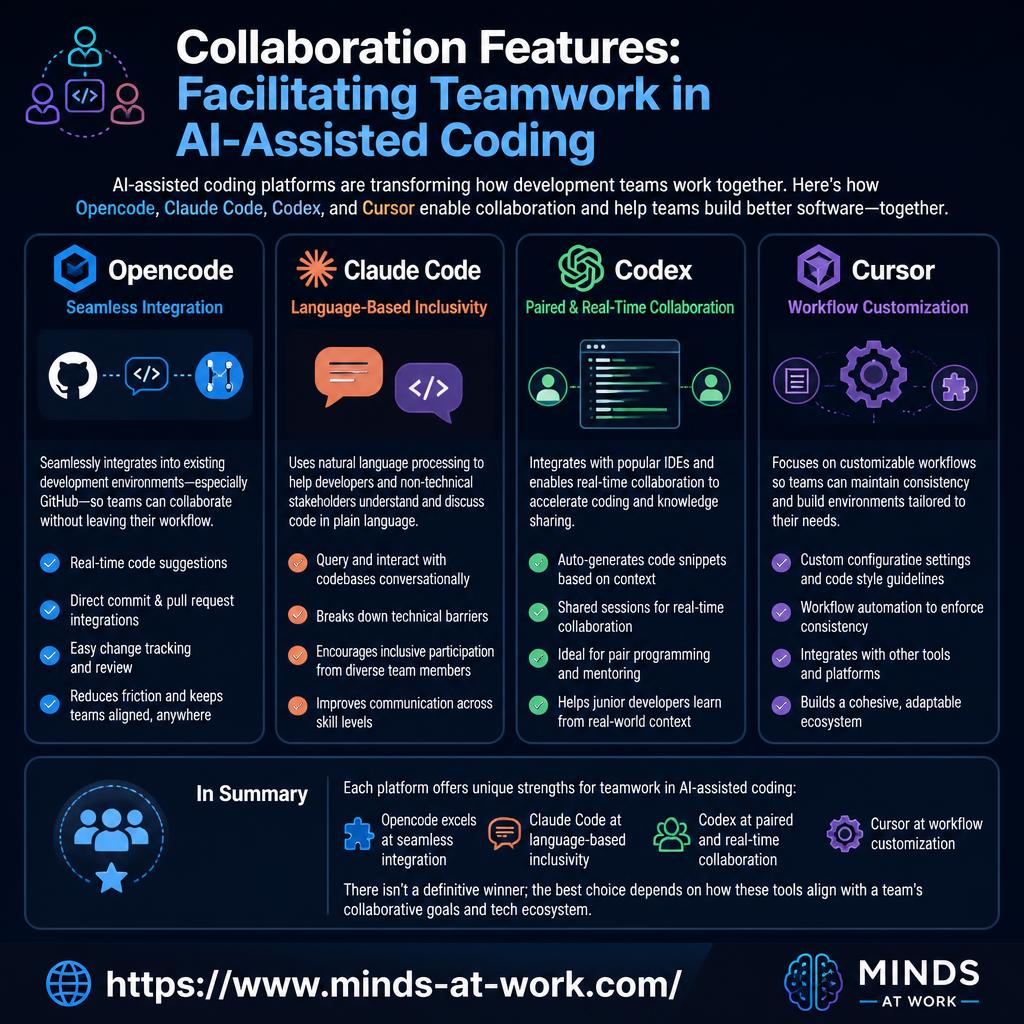 Collaboration features — facilitating teamwork in AI-assisted coding — an editorial comparison placing Opencode, Claude Code, Codex, and Cursor side by side on integration, communication style, pair programming, and workflow customization, with the honest note that there is no definitive winner and the right choice depends on how each tool aligns with the team's collaborative goals and existing tooling.