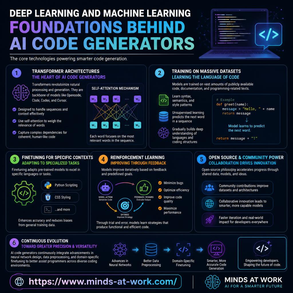 Deep learning and machine learning foundations behind AI code generators — an editorial infographic covering transformer architectures and self-attention, training on massive code datasets, fine-tuning for specific contexts, reinforcement learning from feedback, open-source and community contributions, and the continuous evolution of neural network design, data preprocessing, and domain-specific fine-tuning that powers Opencode, Claude Code, Codex, and Cursor.