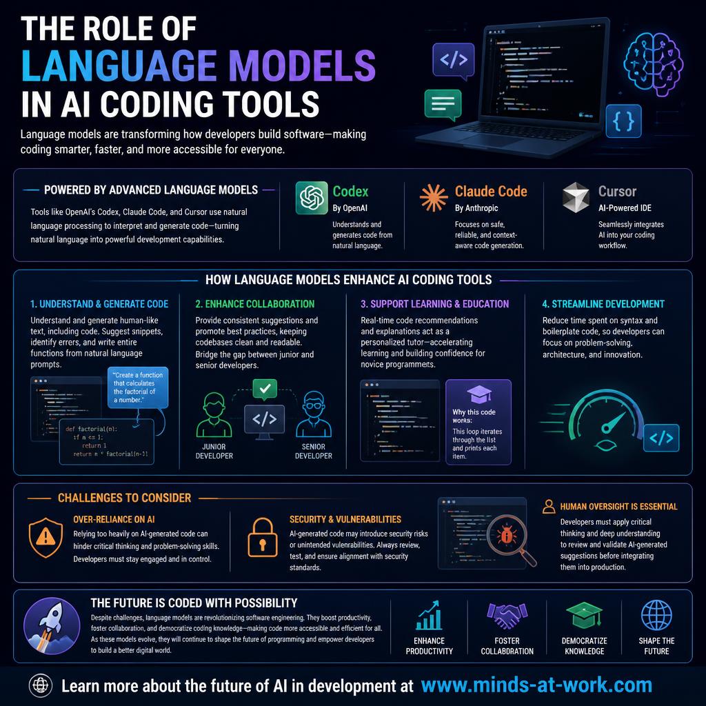The role of language models in AI coding tools — an editorial infographic naming Codex, Claude Code, and Cursor, breaking down four jobs language models do (understand and generate code, enhance collaboration, support learning, streamline development), the challenges to consider (over-reliance, security vulnerabilities, human oversight), and closing with a note that language models shape the future of developer productivity.