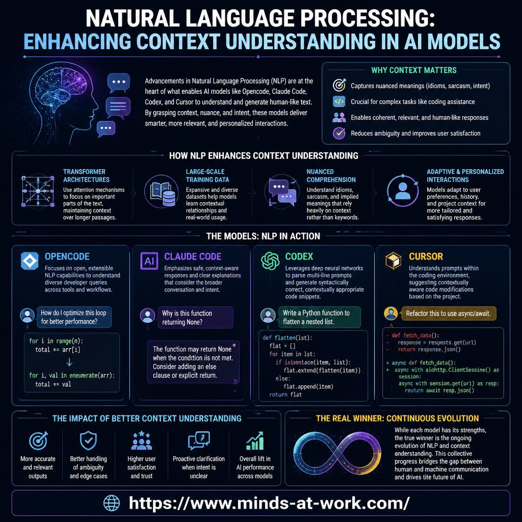 Natural language processing — enhancing context understanding in AI models — an editorial infographic naming Opencode, Claude Code, Codex, and Cursor, explaining why context matters (nuanced meanings, complex tasks, coherent responses, reduced ambiguity), how NLP enhances context understanding (transformer architectures, large-scale training data, nuanced comprehension, adaptive interactions), four model vignettes with sample prompts and responses, and the impact of better context understanding on accuracy, ambiguity handling, user satisfaction, and overall lift in AI performance.