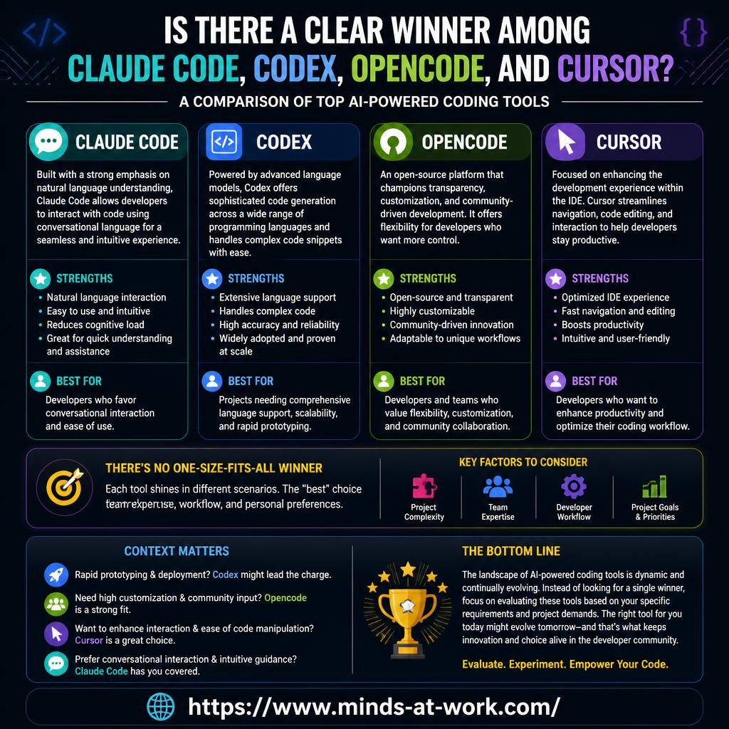 Is there a clear winner among Opencode, Claude Code, Codex, and Cursor? — the Part 15 finale infographic of a 15-part comparison series, naming the per-scenario winner for solo founders, mid-market teams, enterprise and regulated code, background cloud runs, and open-source self-hosting.