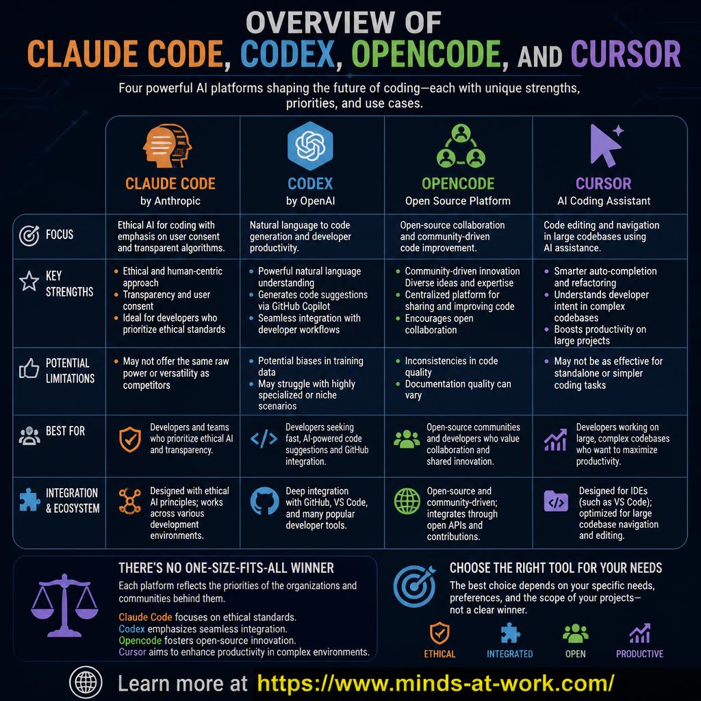 Overview of Claude Code, Codex, Opencode, and Cursor — a side-by-side editorial infographic comparing the four leading AI coding tools on focus, key strengths, potential limitations, best-fit audience, and integration/ecosystem, closing with the message that there is no one-size-fits-all winner.