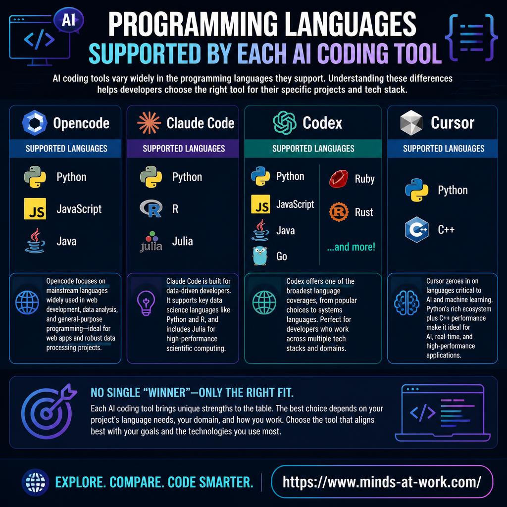 Programming languages supported by each AI coding tool — an editorial infographic naming Opencode, Claude Code, Codex, and Cursor, mapping each tool to its strongest language focus and closing with the note that the right pick depends on which languages your team actually ships, not the vendor's language list.