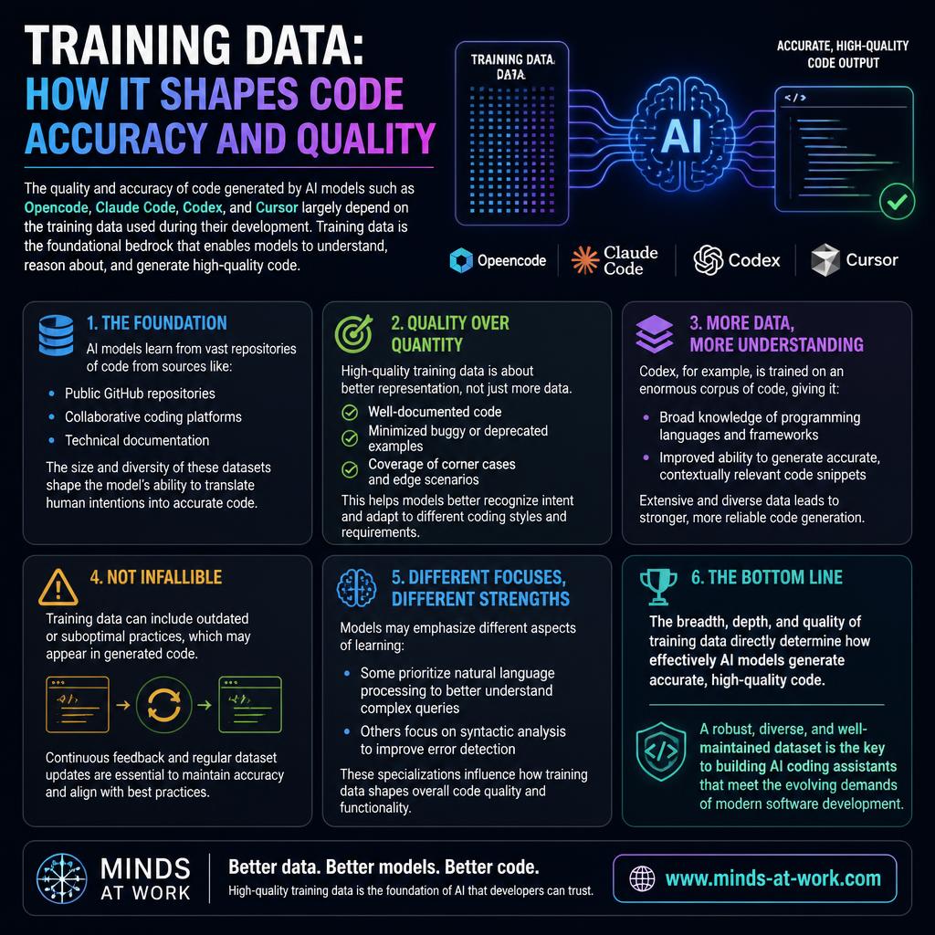 Training data — how it shapes code accuracy and quality — an editorial infographic naming Opencode, Claude Code, Codex, and Cursor, showing the training-data foundation (public GitHub repositories, collaborative coding platforms, technical documentation), the primacy of quality over quantity (well-documented code, minimized buggy or deprecated examples, coverage of corner cases), and the honest caveats that training data is not infallible and different models have different focuses.