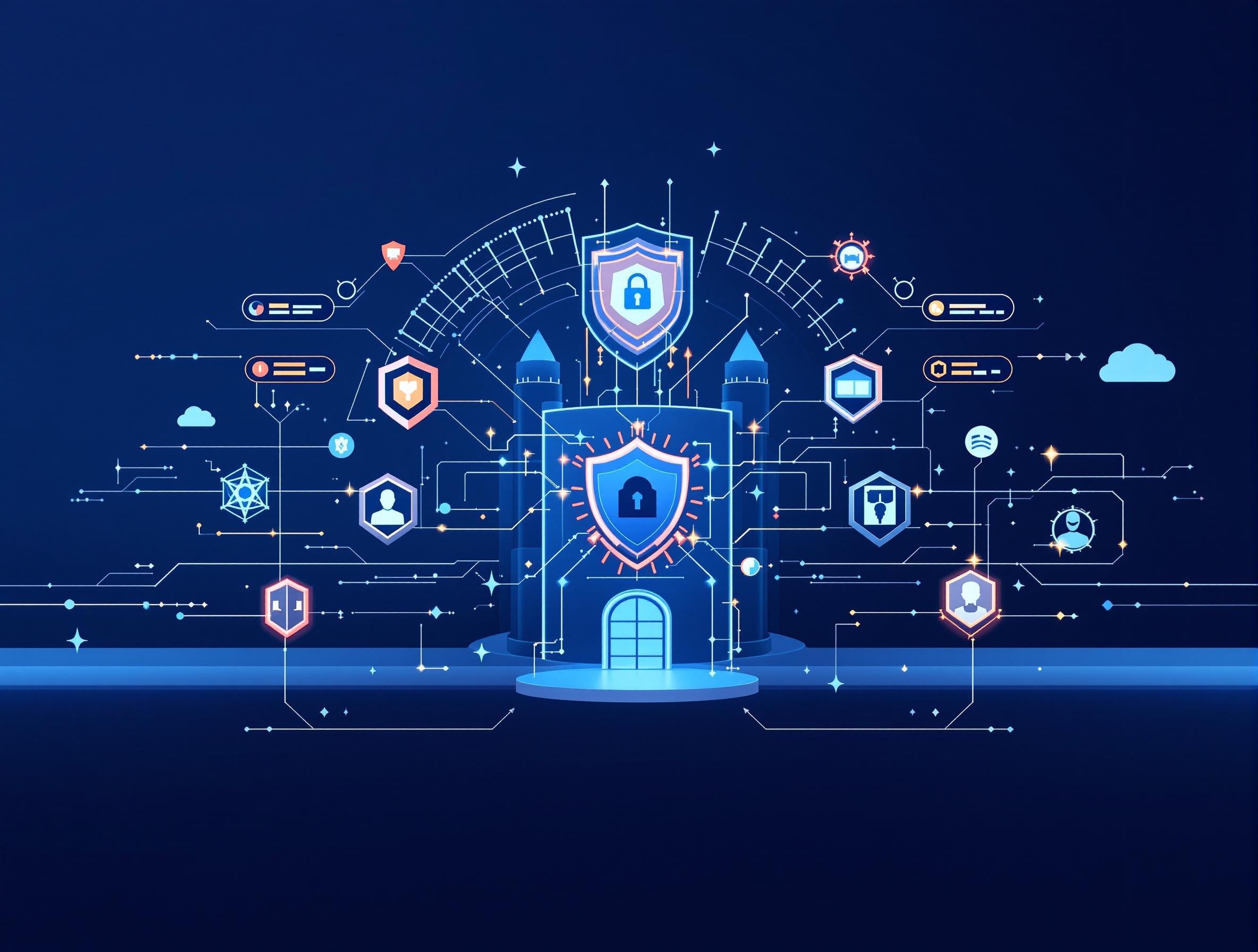 Cybersecurity fortress illustrating multi-layered defense against social engineering attacks, featuring protective shields and security barriers in blue gradient tones, depicting modern threat protection strategies