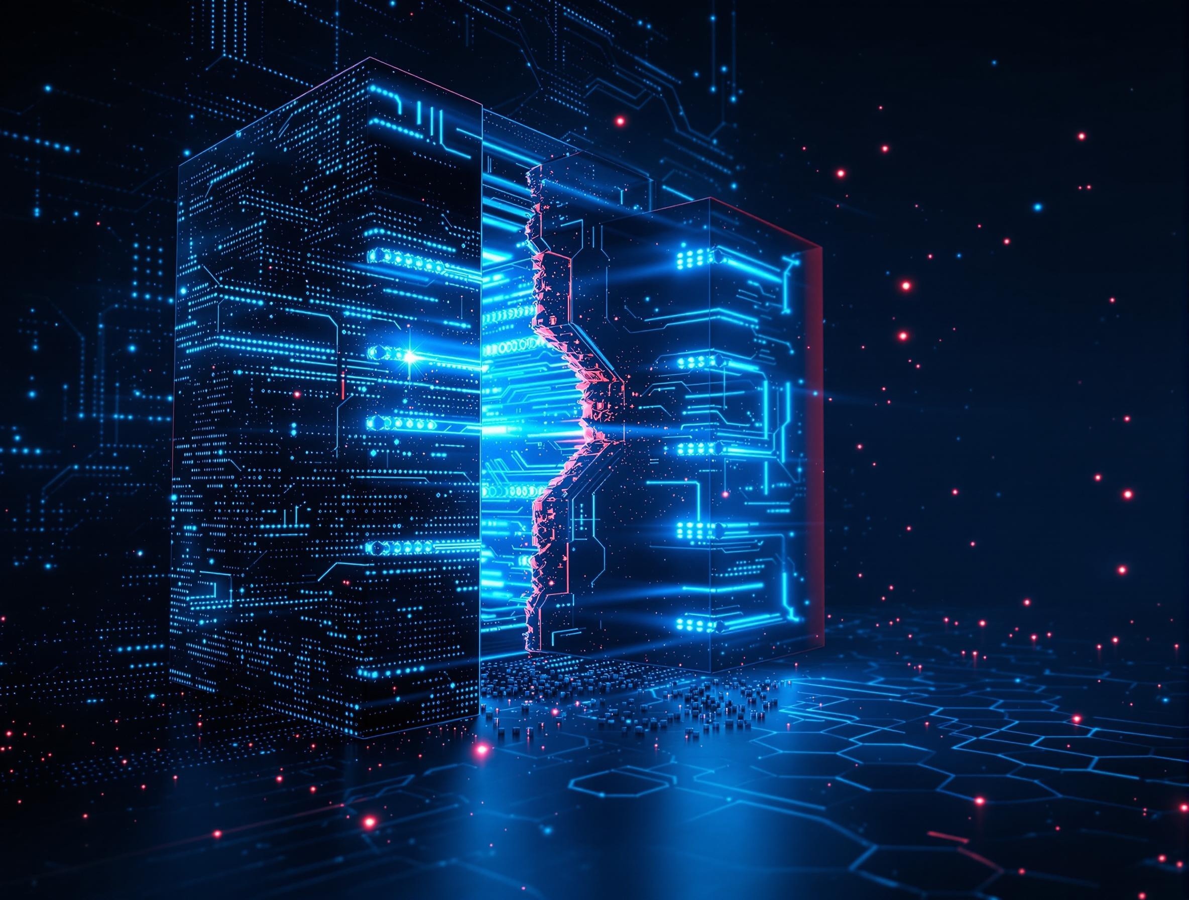 Digital data security visualization featuring a protective vault with glowing data streams and defensive barriers responding to a potential breach, symbolizing corporate cybersecurity measures