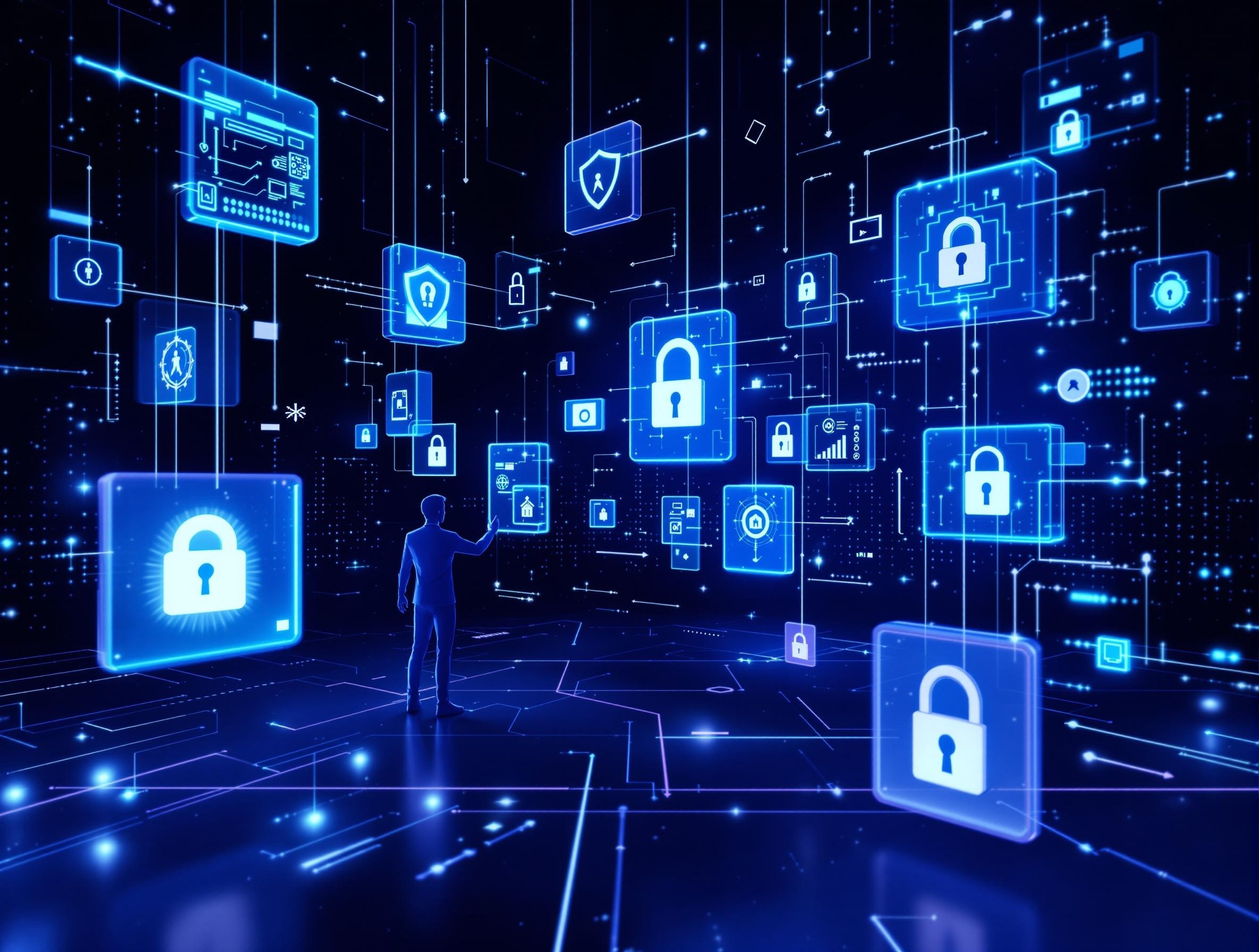 Futuristic cybersecurity training visualization featuring holographic security elements and a human figure interacting with 3D digital networks in a deep blue and purple environment