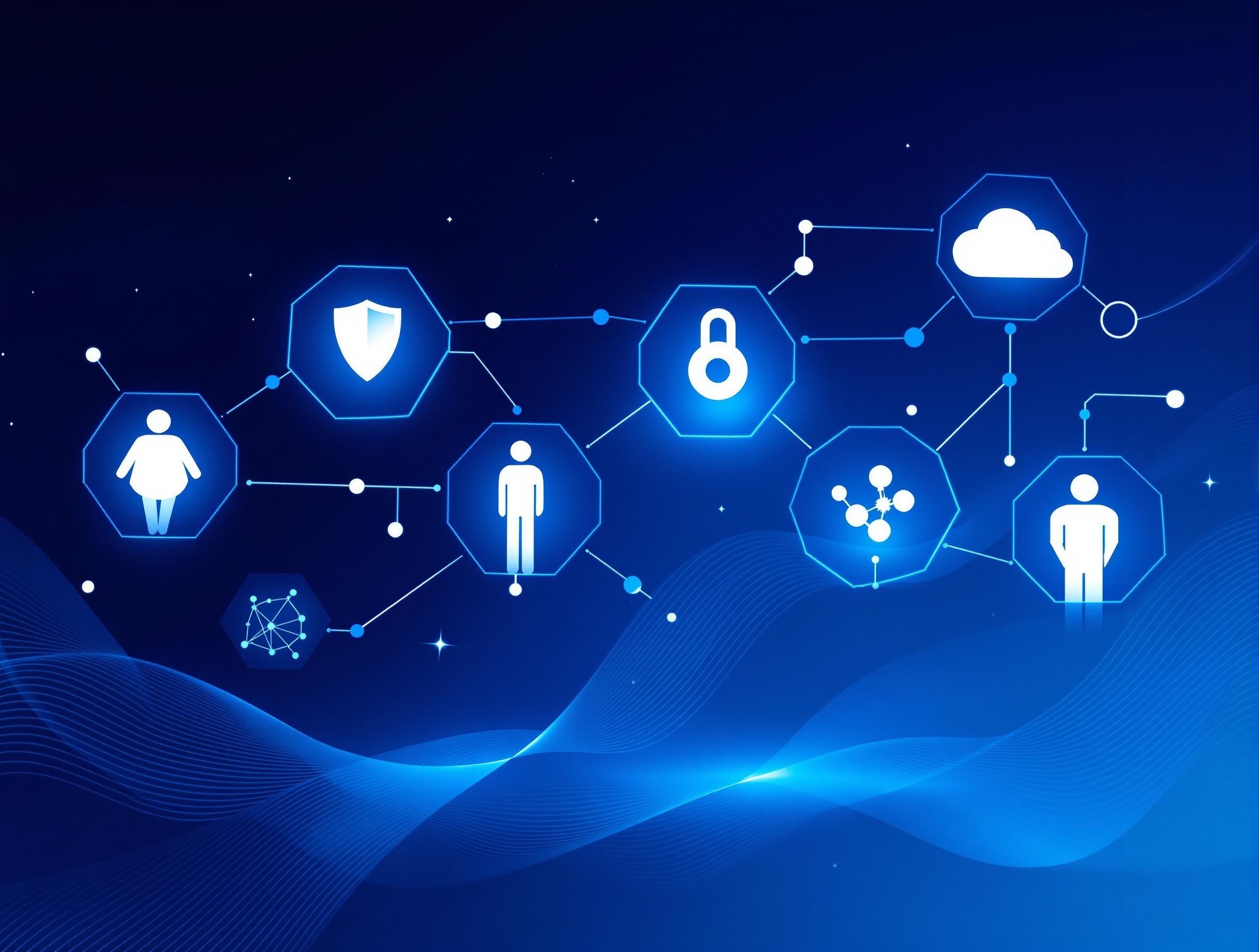Essential cybersecurity skills illustrated through interconnected hexagonal nodes showing core digital security competencies, employee interactions, and professional security elements