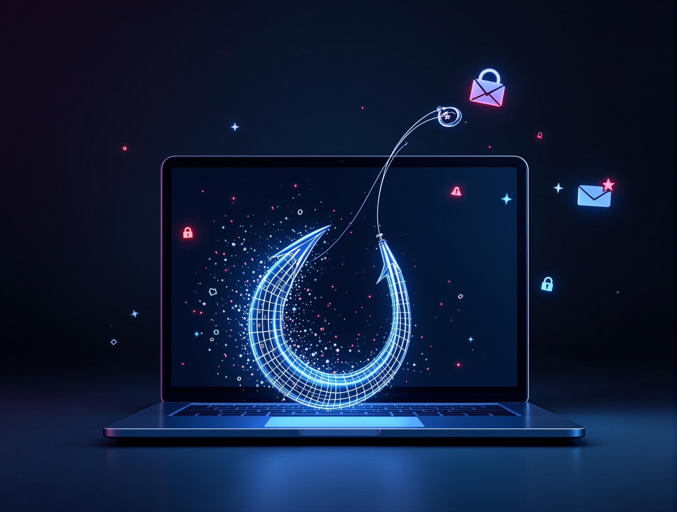 Digital phishing attack visualization showing a cybersecurity threat emerging from a laptop, featuring a metallic hook and security symbols in a modern tech-focused design