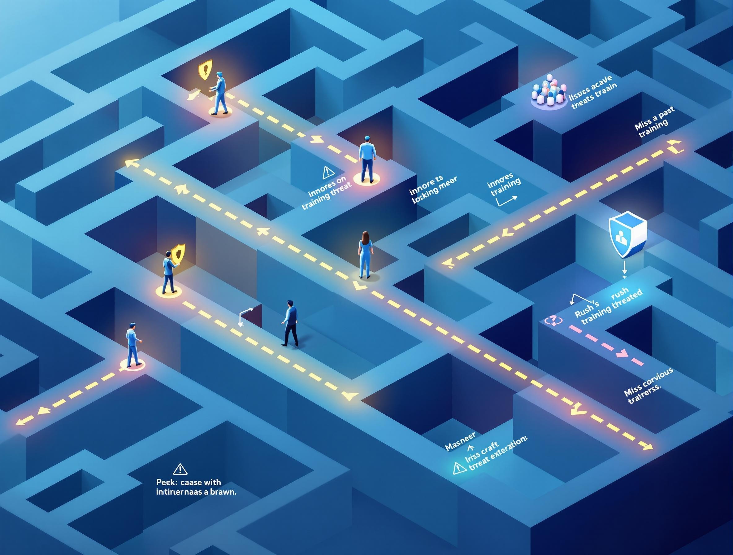 Cybersecurity training visualization showing common security awareness mistakes through maze paths, human figures, and security symbols in professional blue and amber tones