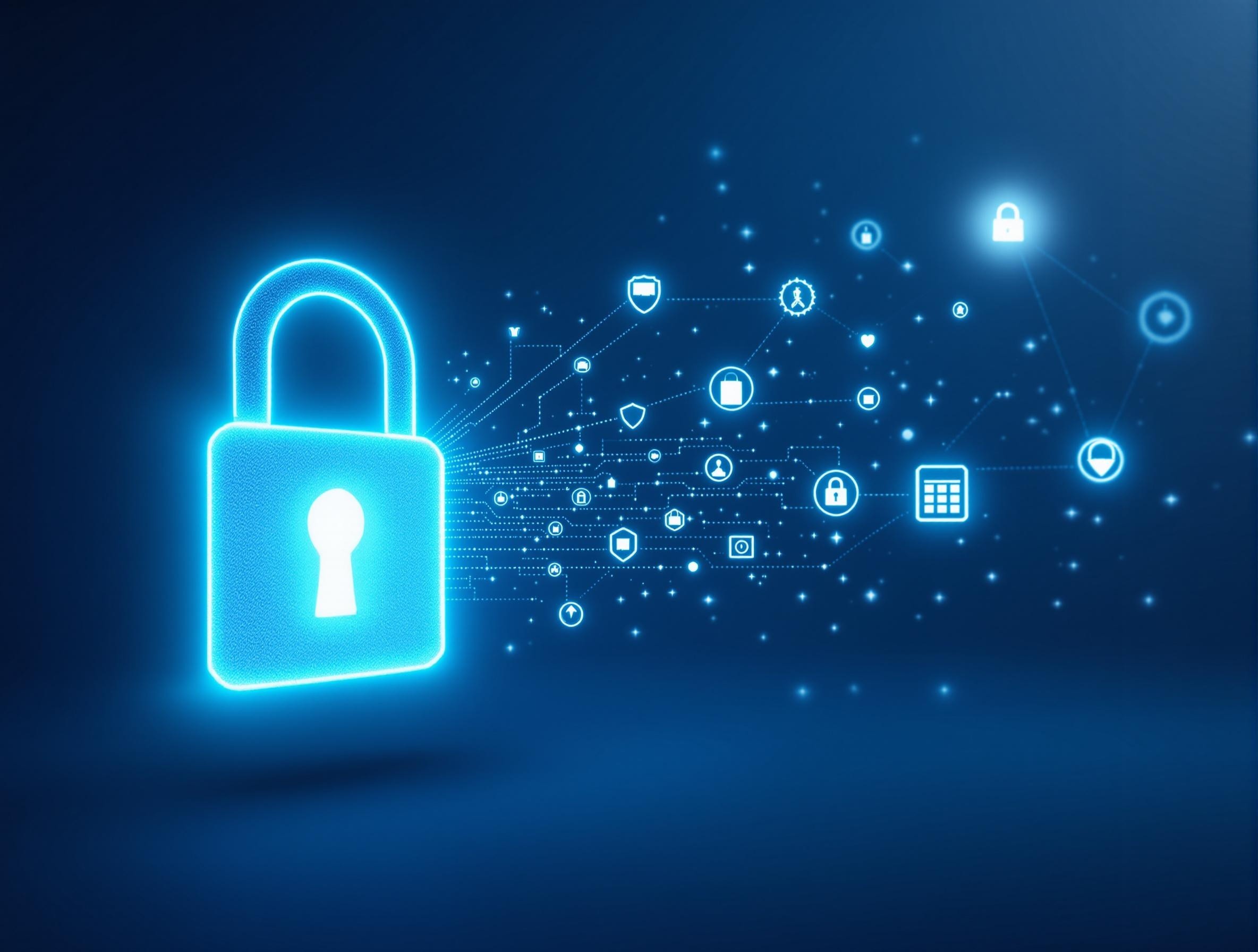 Cybersecurity basics visualization showing a digital lock transforming into interconnected security elements, symbolizing the journey from basic to advanced digital protection concepts